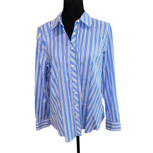 Talbots Non-Iron Blue White Striped Long-Sleeve Button-Up Shirt 14 Office Siren - Picture 1 of 9
